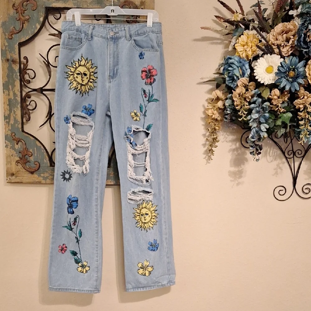Sunflower Embroidered Ripped Wide Leg Jeans. Excellent Condition NWOT Size Large - Picture 6 of 12